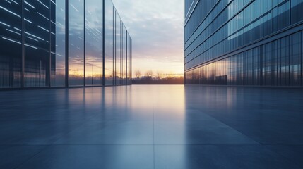 Blue tone cement floor with steel and glass modern futuristic building exterior