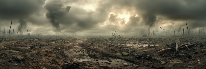 A desolate battlefield encircles, with trenches and debris scattered across the cracked earth.