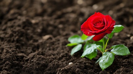 Red rose blooming in rich brown soil, nature beauty concept
