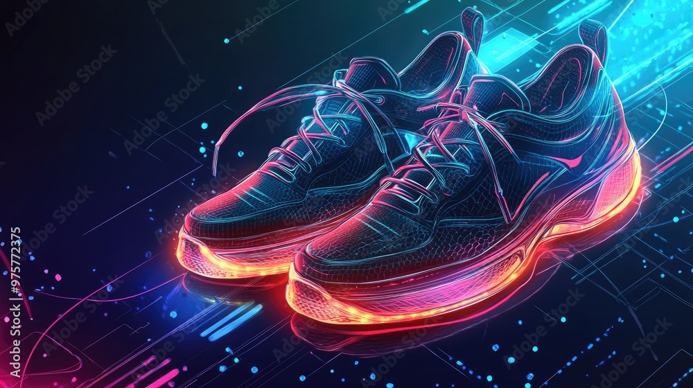 Wall mural futuristic glowing sneakers on abstract tech background.