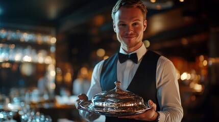 A well-dressed waiter presents a silver cloche in an elegant restaurant. The warm ambiance highlights the service and sophistication of fine dining. Experience culinary excellence. AI
