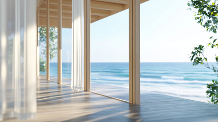 Modern open beach house with white curtains and ocean view in bright sunlight