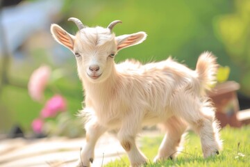 Fototapeta premium Adorable baby goat on white background for animal-themed designs.