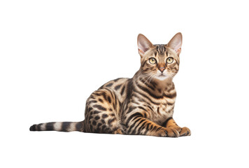 Obraz premium Bengal Cat Lying On A Transparent Background Looking Forward