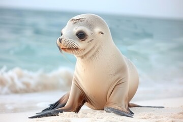 Adorable sea lion pup on beach with ocean background.