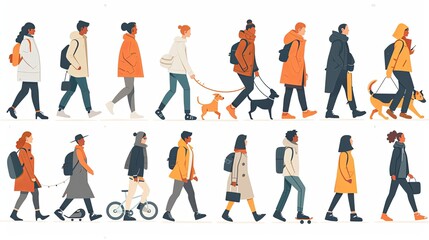 Crowd of people performing summer outdoor activities - walking dogs, riding bicycle, skateboarding. Group of male and female flat cartoon characters isolated on white background. Vector illustration