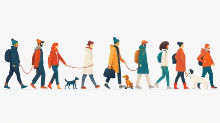 Crowd of people performing summer outdoor activities - walking dogs, riding bicycle, skateboarding. Group of male and female flat cartoon characters isolated on white background. Vector illustration