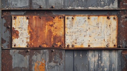Aged iron boards with rust stains and rough textures attached to an abandoned building with cracked, weather-beaten walls.