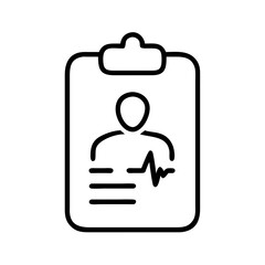 Medical clipboard icon, simple black line art, isolated on white, health record concept