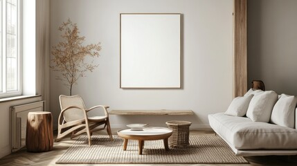 Blank white frame mock-up poster in a modern living room with neutral tones, simple furniture, and a wooden floor. Spacious and elegant design.