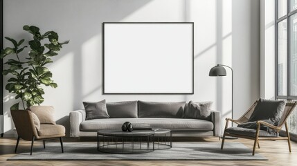 Fototapeta premium Blank white frame mock-up poster in a modern living room with neutral tones, simple furniture, and a wooden floor. Spacious and elegant design.