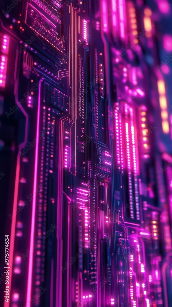 Poster glowing circuit board with neon lights, abstract technology design