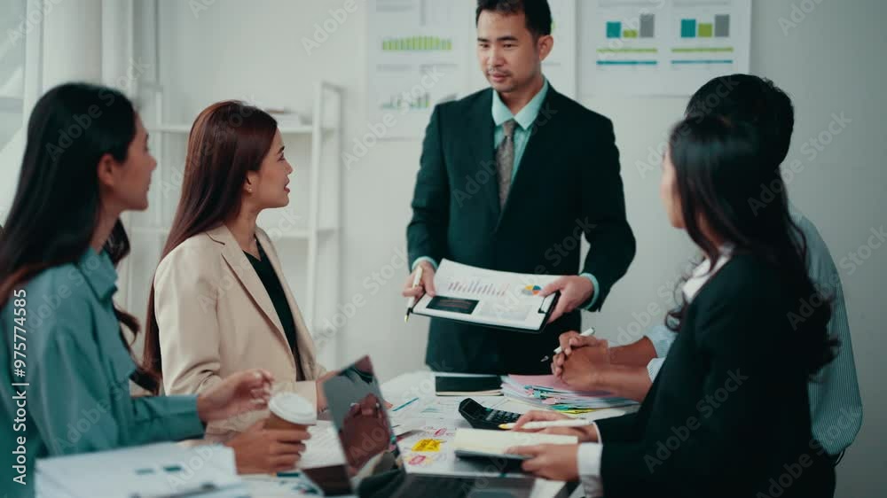 Aufkleber diverse team collaborating in office setting, enthusiastically discussing sales charts on presentati