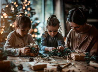 AI-generated photo with a family creates homemade gifts and Christmas decorations. On a cozy home background in front of a Christmas tree and lights