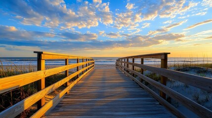 Obraz premium Scenic Boardwalk at Sunrise Overlooking Ocean on a Cloudy Morning