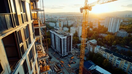 Urban Construction at Sunset: Aerial View of a High-Rise Building with Tower Crane Overlooking Cityscape