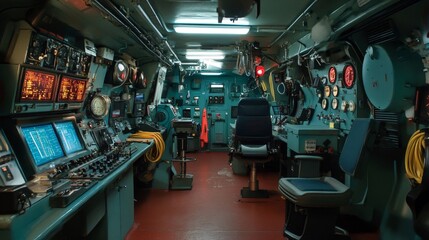 Naklejka premium Submarine Command Center with Advanced Navigation Equipment and Control Panels in Military Vessel Interior