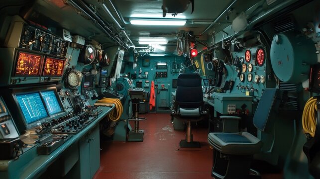 Submarine Command Center with Advanced Navigation Equipment and Control Panels in Military Vessel Interior - Powered by Adobe