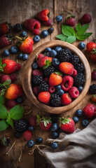 A wooden bowl filled with a variety of fresh berries sits atop a rustic table, surrounded by scattered berries and green leaves, creating a vibrant and natural display.

