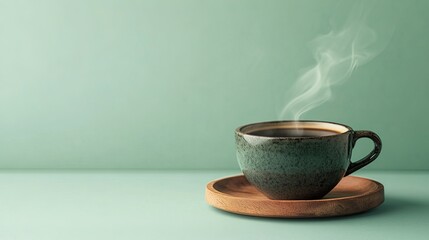 Obraz premium A steaming cup of black coffee on a rustic wood saucer, isolated on a light green background.