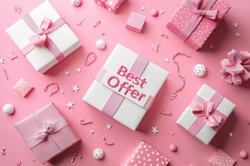 Assortment of pink and white gift boxes with text 'Best offer' on pink background