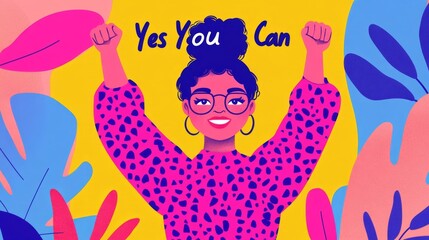 Empowerment Illustration of a Confident Woman with "Yes You Can" Message in Vibrant Colors