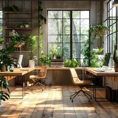 Fototapeta premium Biophilic Workspace with Natural Wood Desks and Plant Partitions Fostering Connection to Nature