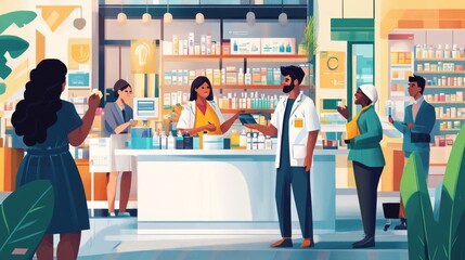 A vibrant pharmacy scene with diverse people engaging in a lively shopping experience. Pharmacists assist customers in a well-stocked store. Perfect for health and community themes. AI