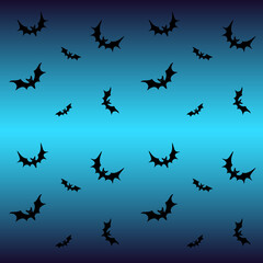Fototapeta premium Bats on a blue background - seamless pattern for Halloween. Black silhouettes of bats on a gradient background. Hymenoptera mammals. 
