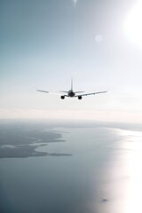 A plane flying high in the sky. The plane is flying over a body of water. The sky is clear with a few clouds.