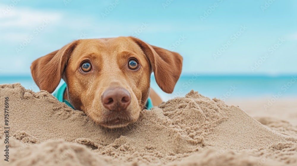 Sticker A dog laying in the sand on a beach with blue sky, AI