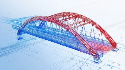 Wireframe design of a bridge structure with arch supports.