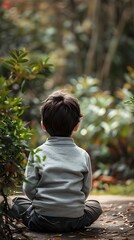 Fototapeta premium Child Practicing Mindfulness in a Peaceful School Garden Observing Nature and Meditating