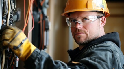 Electrician in hard hat and safety gear working on wiring with gloves and protective jacket