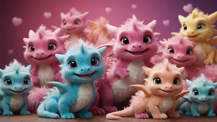 Fototapeta premium Colorful Baby Dragon Plushies, Cute and Cuddly Soft Toys