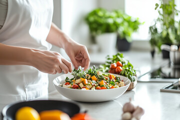 Woman preparing a healthy salad with fresh vegetables and herbs in a modern kitchen, emphasizing healthy eating and fresh ingredients