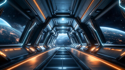 Obraz premium Starlit Passage: Futuristic Space Station with Illuminated Corridors