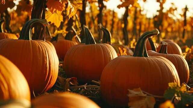 A serene autumn scene featuring pumpkins among vibrant fall foliage.
