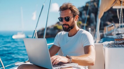 Freelancer focused on his laptop while enjoying the stunning views aboard a luxurious yacht