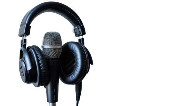 Headphones and recording microphone podcast concept on transparent background