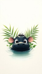 A cheerful cartoon hippo emerges from the water, surrounded by lush green leaves, radiating joy and playfulness.