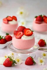 Exquisite Strawberry Mousse Dessert in Glass Bowls with Fresh Berries and Floral Accents