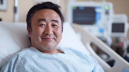 Fototapeta premium Central Asian MiddleAged Man Relaxing in Hospital Bed, Smiling, Patient Care, Healthcare Scene, Medical Equipment Background