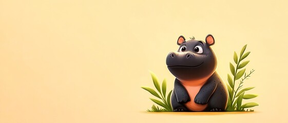 A cute cartoon hippo surrounded by green leaves, perfect for children's illustrations, animal designs, or playful themes.