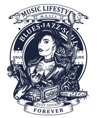 Punk girl. Woman rock musician and electric guitar. Street music culture. Creative print for clothes. T-shirt design. Punker with mohawk hairstyle, guitarist. Hooligans lifestyle. Anarchy art