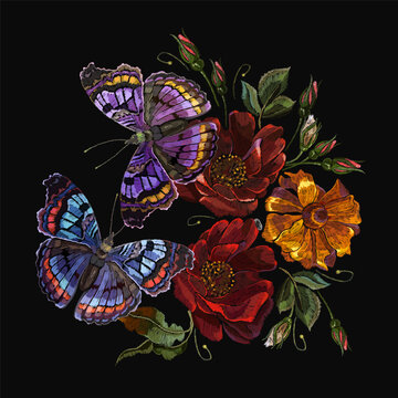 Butterflies, red roses and yellow calendula flowers. Spring garden art. Classical embroidery. Template fashionable clothes, t-shirt design