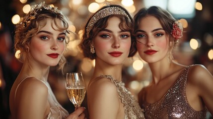 1920s vintage champagne party with flapper women in elegant attire celebrating in roaring twenties style, embodying the glamour and sophistication of the jazz era