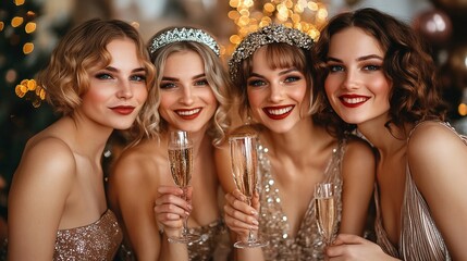 roaring twenties celebration with flapper women dressed in elegant vintage fashion enjoying a champagne party, epitomizing the glamour and social sophistication of the 1920s