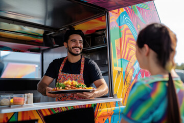 Happy street food vendor serving customer smiling holding plate of food
