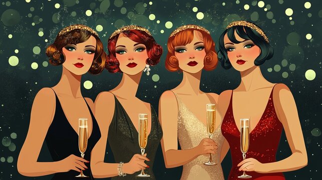 elegant flapper women at a roaring twenties vintage champagne party, capturing the essence of 1920s style and glamour with classic fashion and upscale decor